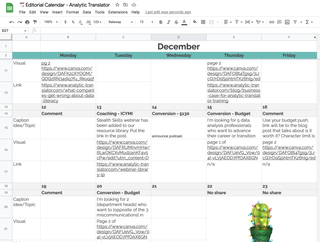 Sample content calendar using Google Sheets.